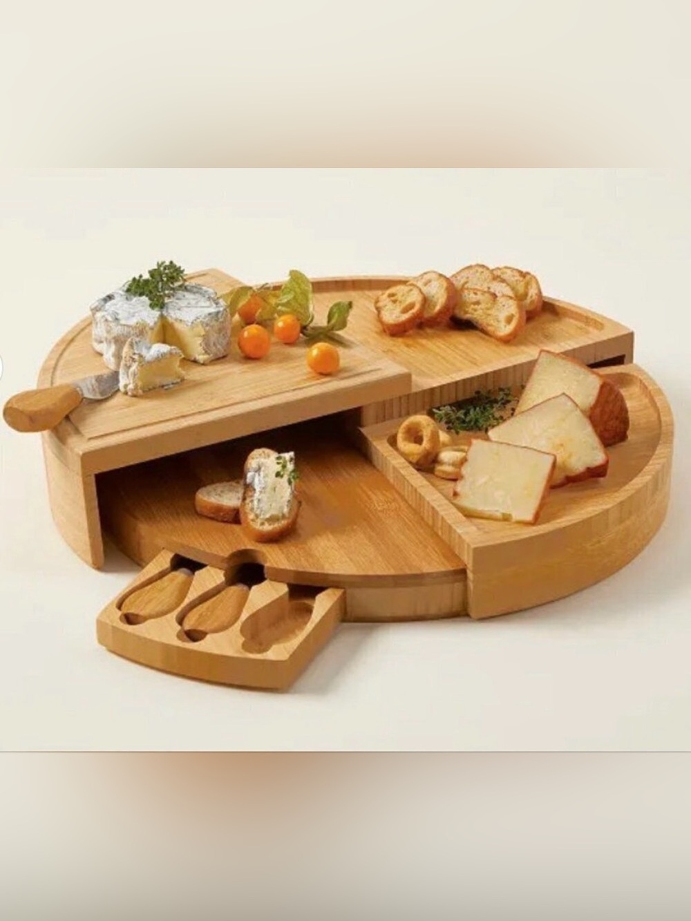 Picnic At Ascot 17" Bamboo Wood Swivel Cheese Charcuterie Board w/ Knives